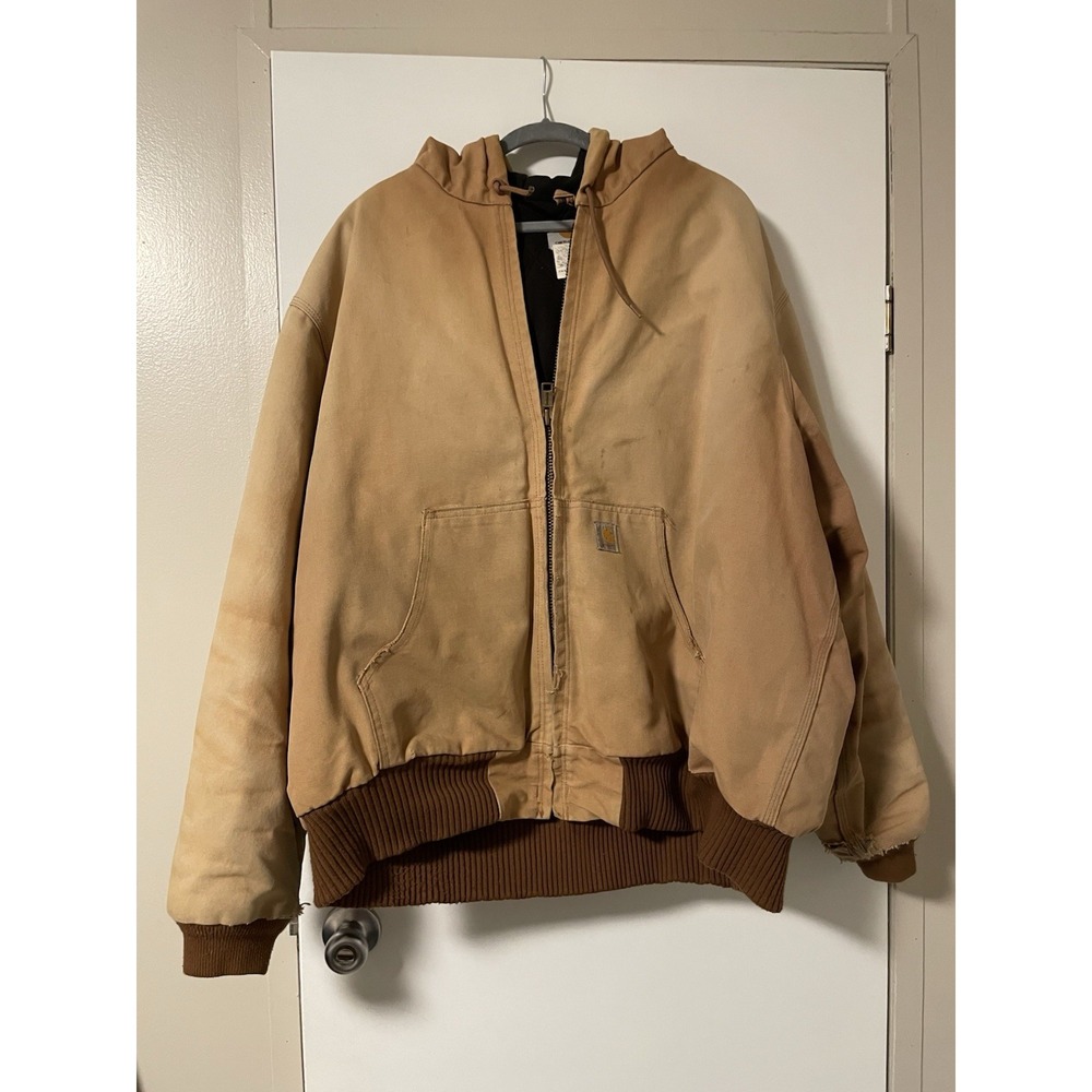 Vtg Carhartt Brown J140 Lined Hooded Jacket Sun Faded Distressed Workwear 2XL